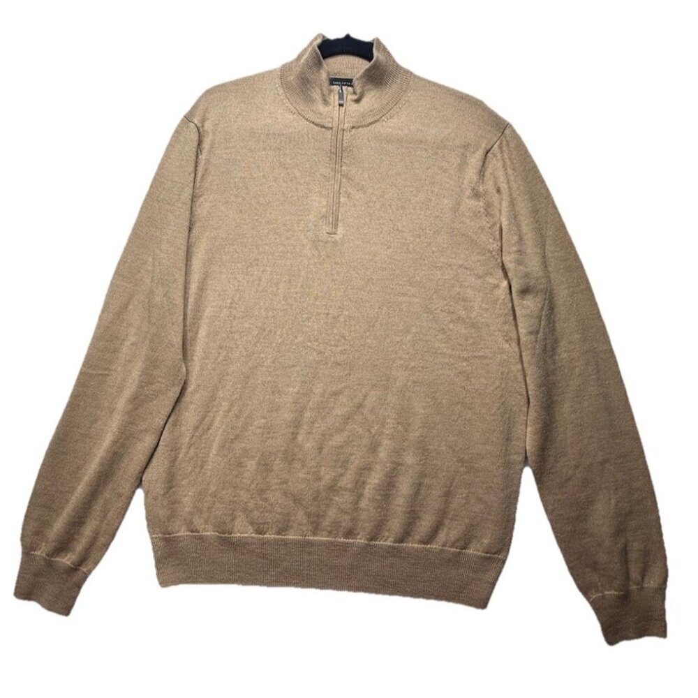 Saks Fifth Avenue Men's Camel Tan Beige Wool Blend 1/4 Zip Pullover Sweater Sz L